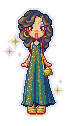 small pixel doll of a cartoony long-limbed egg-headed lady, light tan skin, brown eyes, mouth wide open, pale shiny blue eyeshadow, wearing a loose flowy greenish dress with a tarnished gold shimmer to it, gold sandals, little gold purse, gold hoop earrings and bangle bracelet, wavy layered disco blow-out hairdo in brown with blue undertones